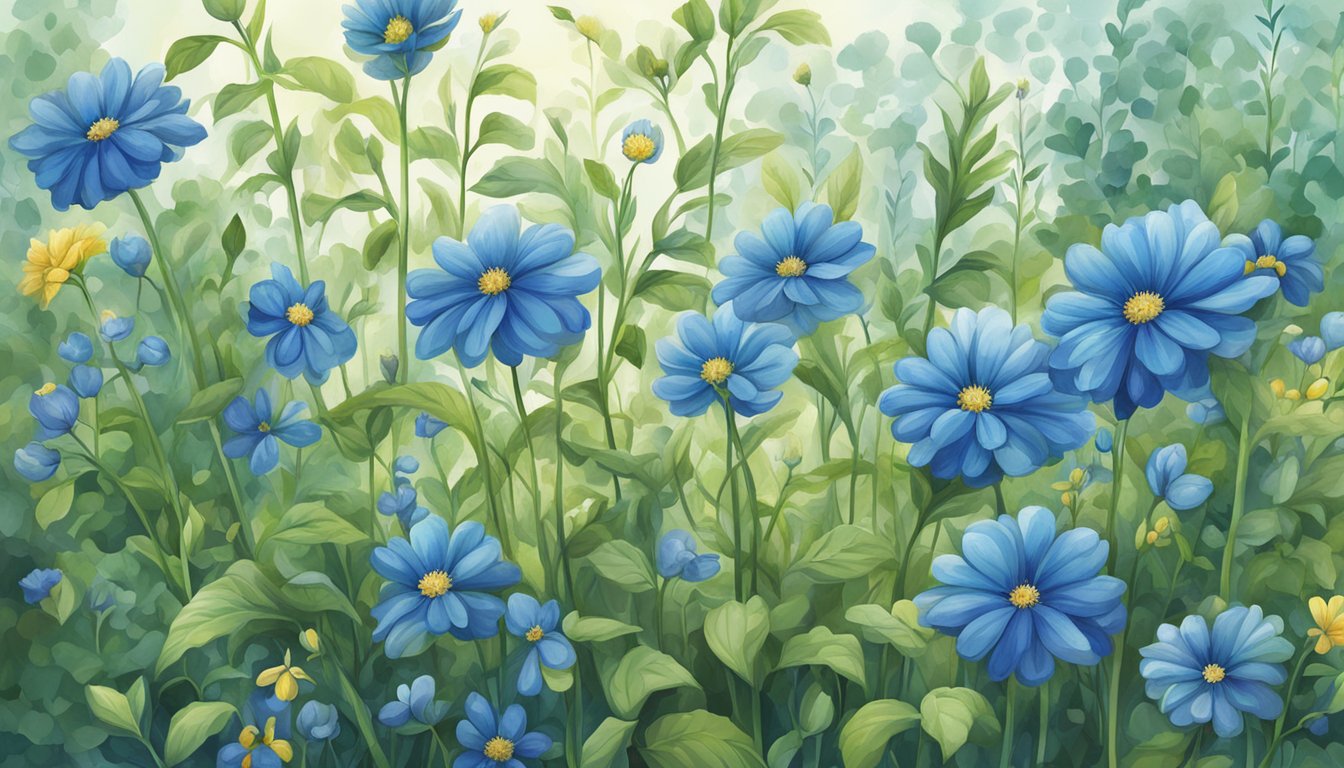 A field of blue flowers with green leaves and stems.