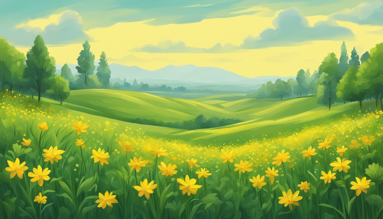 Illustration of a field of yellow flowers with rolling hills and trees in the background.