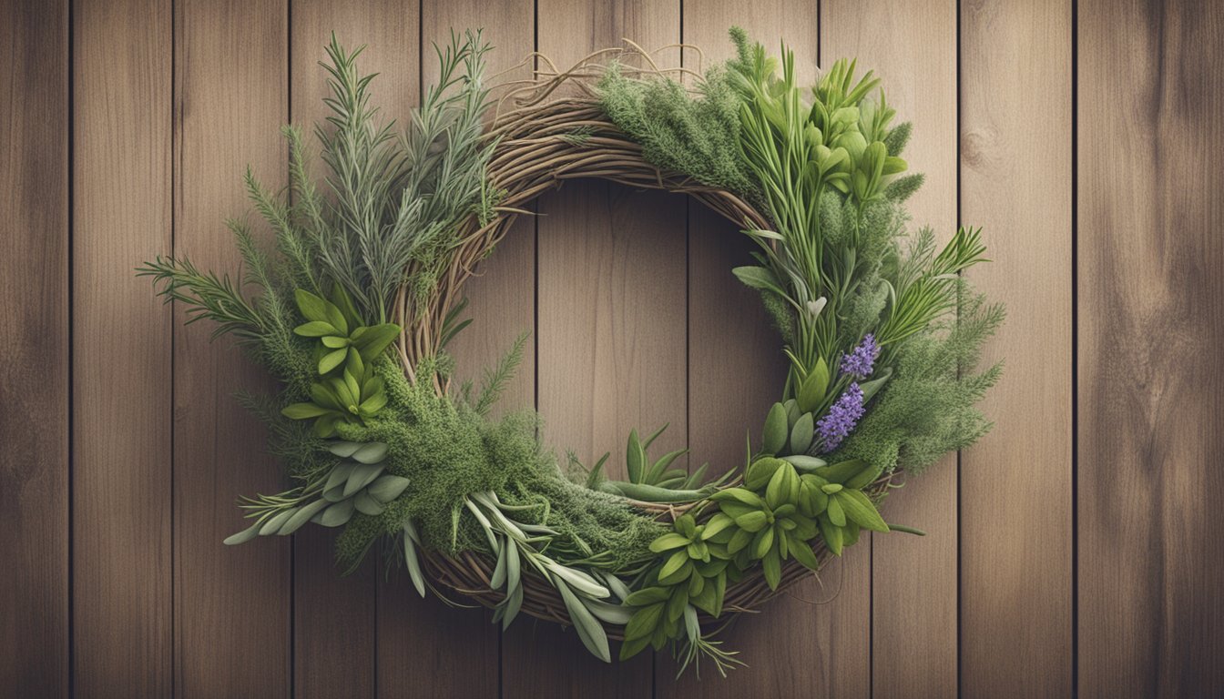 A herb wreath on a wooden background.