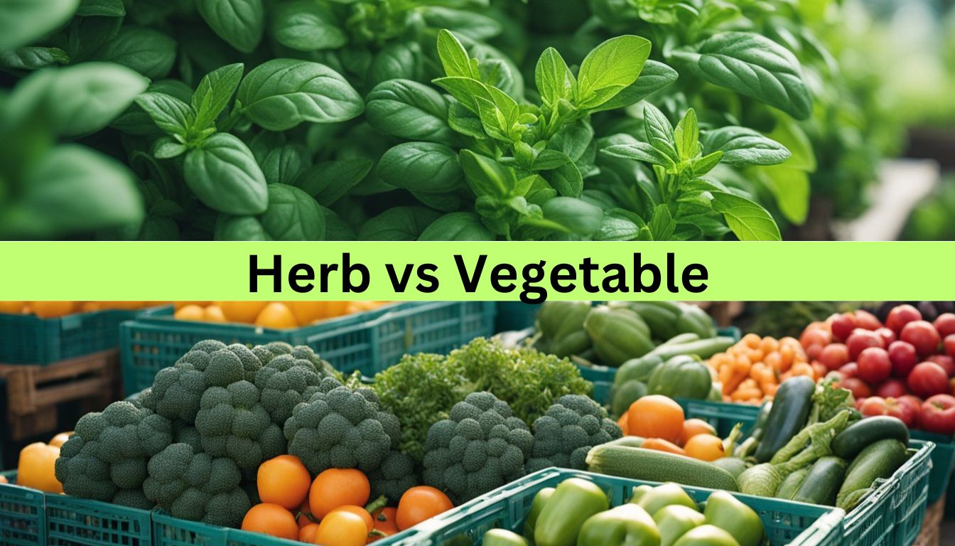 Close-up of fresh green herbs and a variety of colorful vegetables in baskets, illustrating the difference between herbs and vegetables.