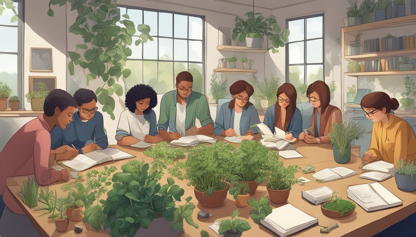 A group of people studying together at a table surrounded by various herbs and plants.