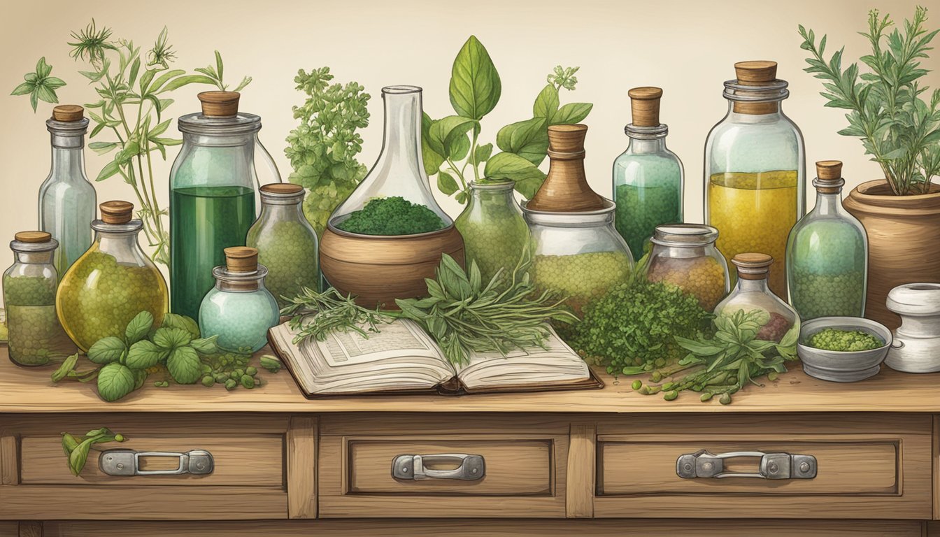 A variety of herbal ingredients and potions displayed on a wooden shelf, accompanied by an open book.