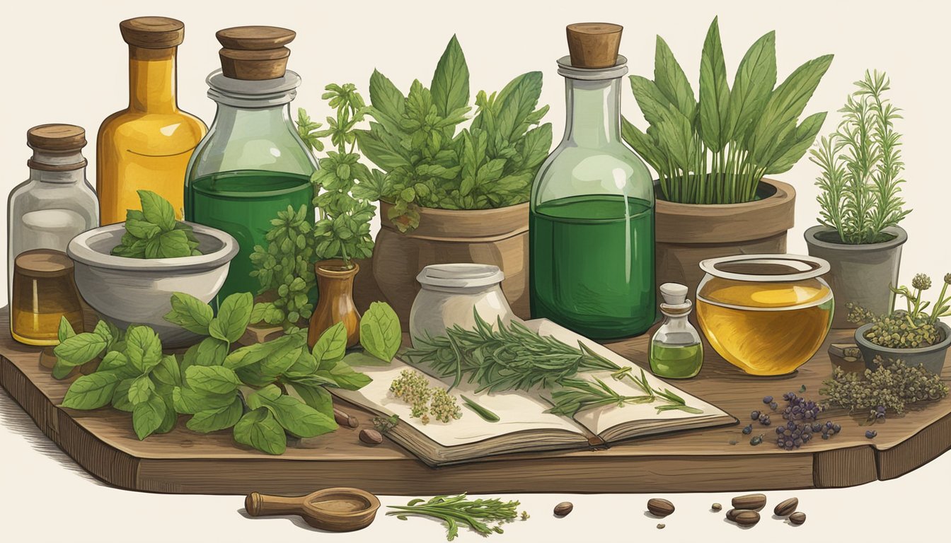 Illustration of various herbal remedies and plants on a wooden table