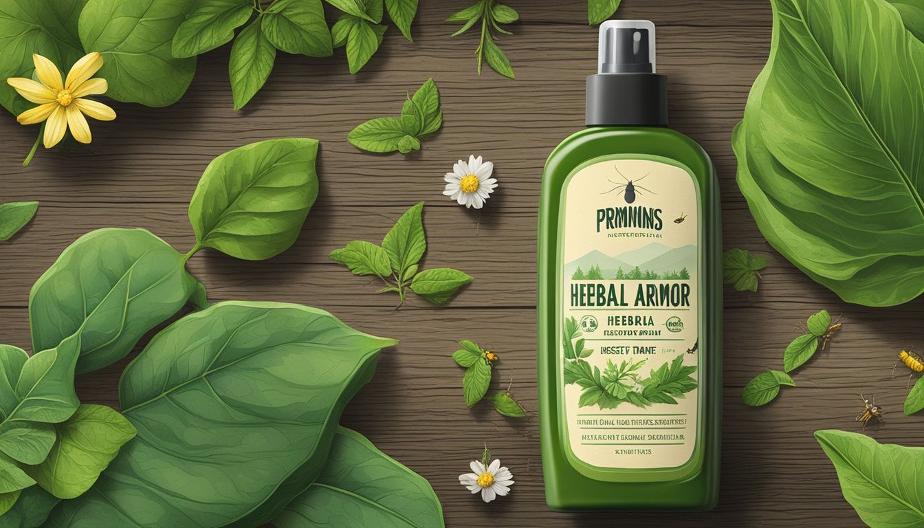 A bottle of PRIMMINS Herbal Armor insect repellent surrounded by green leaves and flowers on a wooden surface.
