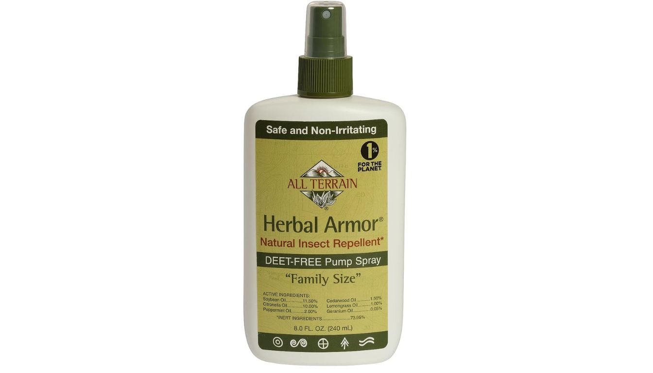 A bottle of All Terrain Herbal Armor Natural Insect Repellent, labeled as DEET-free and safe for the planet.