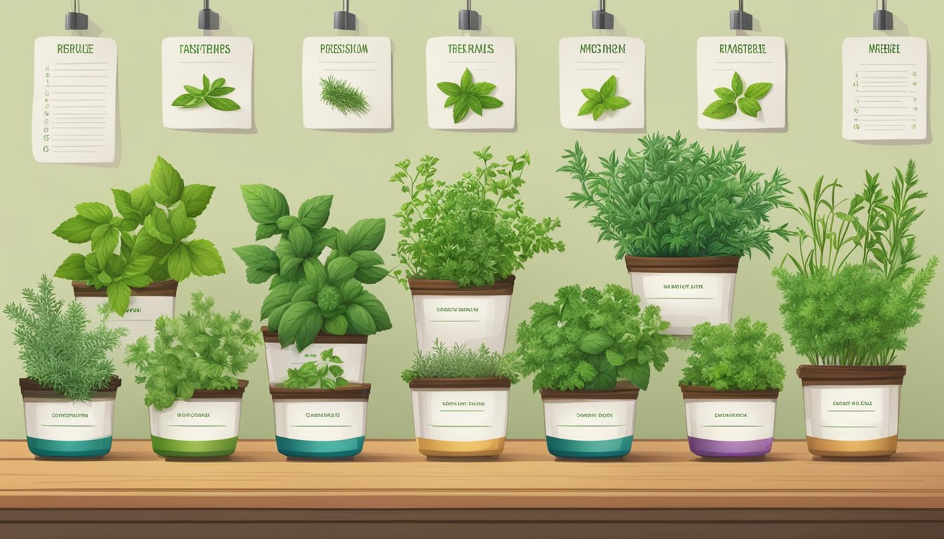 A variety of potted herbs displayed on a wooden shelf, each labeled with its name and accompanied by an illustration and description hanging above.