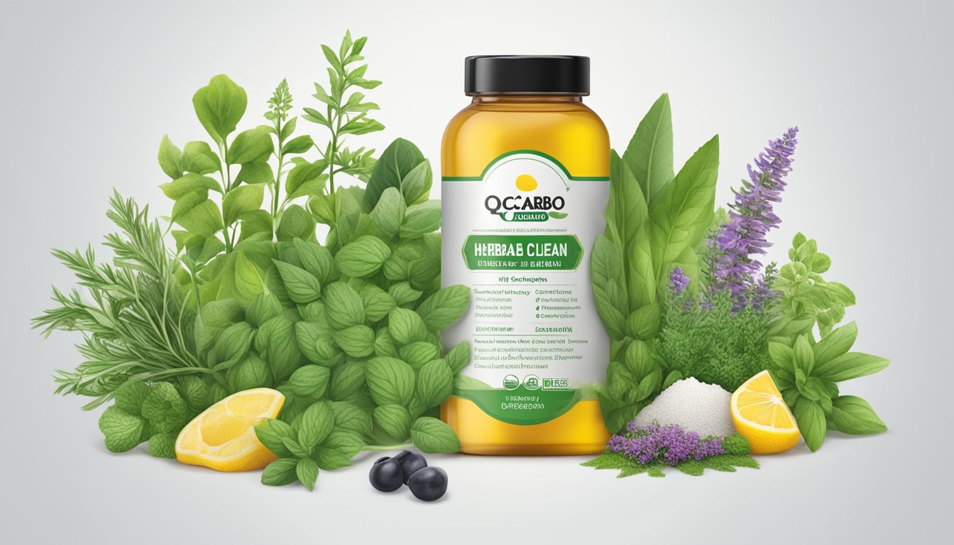 A bottle of Herbal Clean QCarbo16 surrounded by fresh herbs, lemon slices, and olives.
