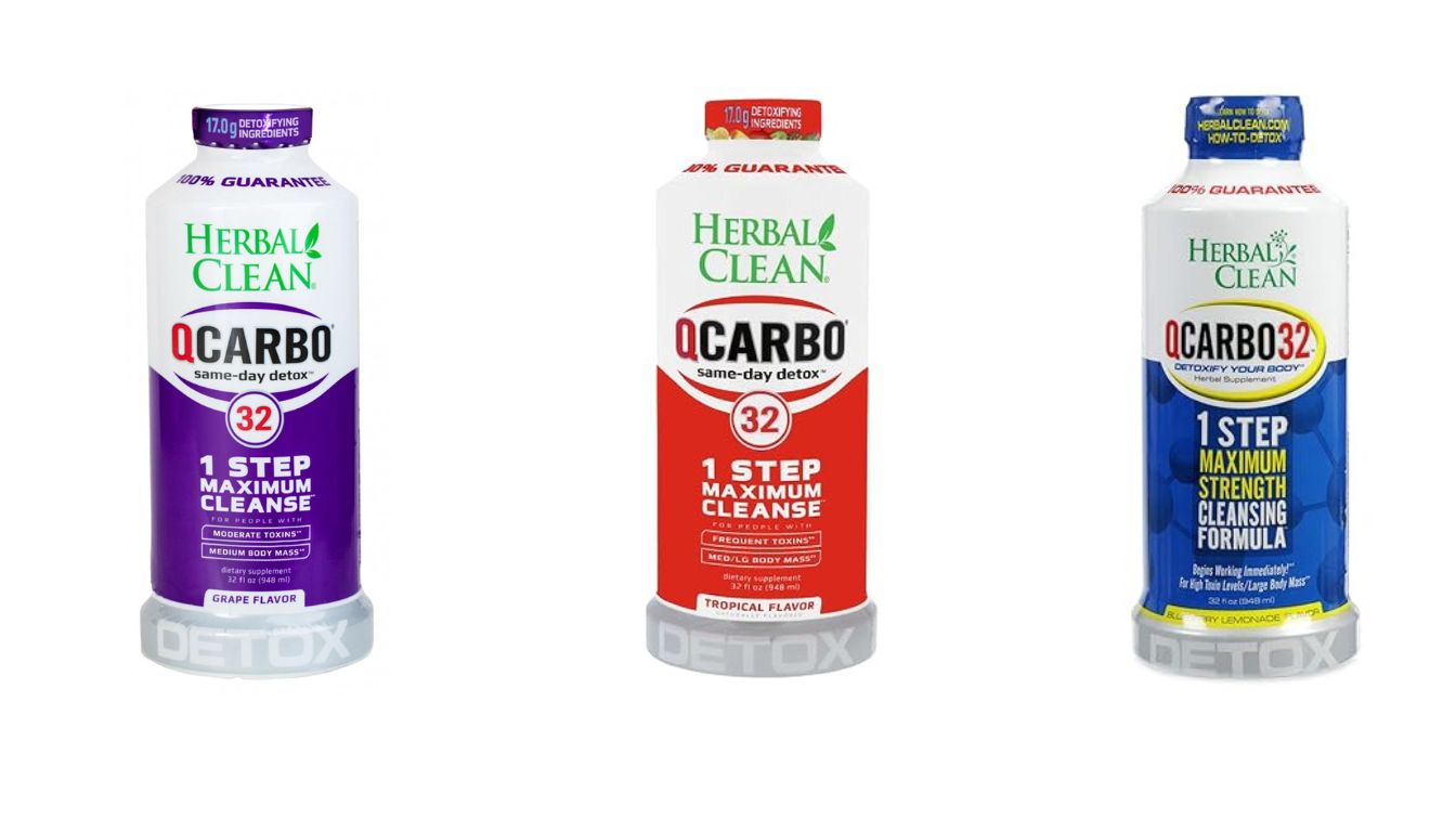 Three bottles of Herbal Clean QCarbo32 detox drinks in grape and tropical flavors, labeled for same-day maximum strength cleansing.