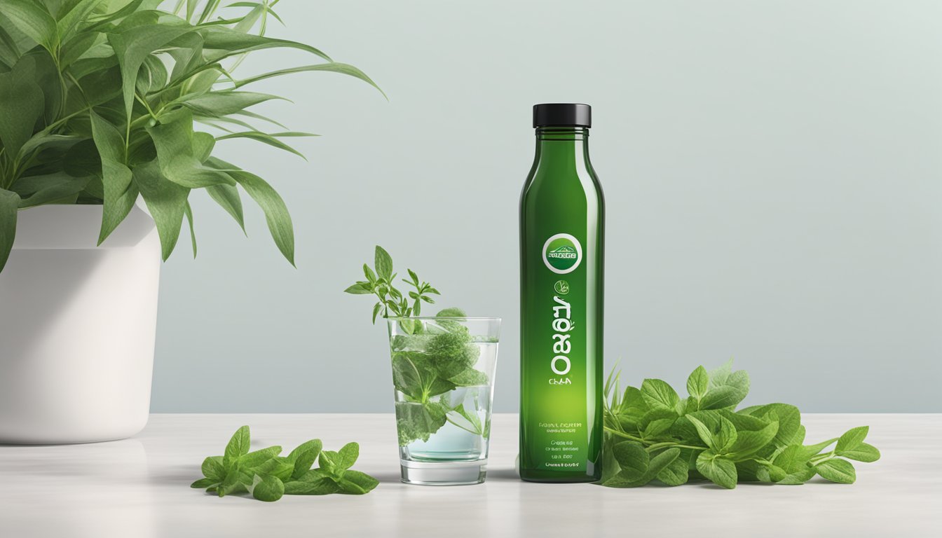 A bottle of Herbal Clean Qcarbo32 next to a glass of water with mint leaves, surrounded by more green leaves, against a backdrop of a potted plant.