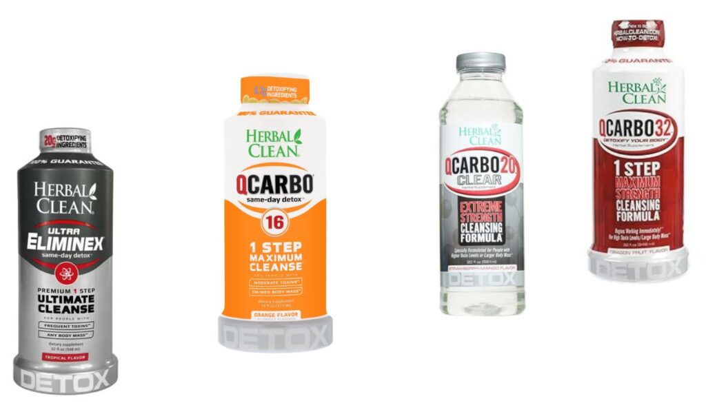 Four Herbal Clean detox drinks in various sizes and flavors, including Ultra Eliminex, QCarbo16, QCarbo20 Clear, and QCarbo32, all labeled for same-day cleansing.