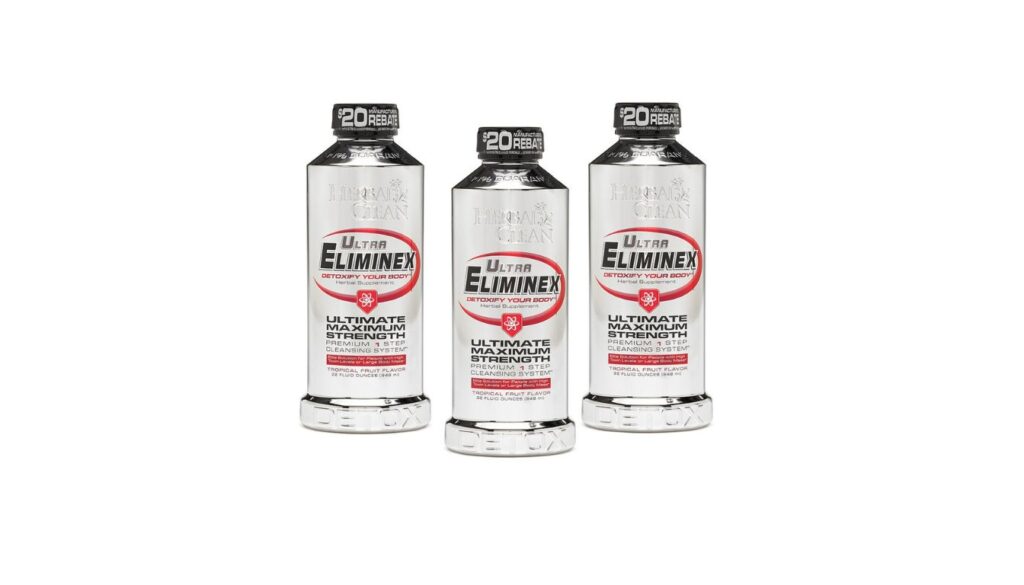 Three bottles of Herbal Clean Ultra Eliminex detox drink with silver packaging, labeled as ultimate maximum strength for full-body cleansing.