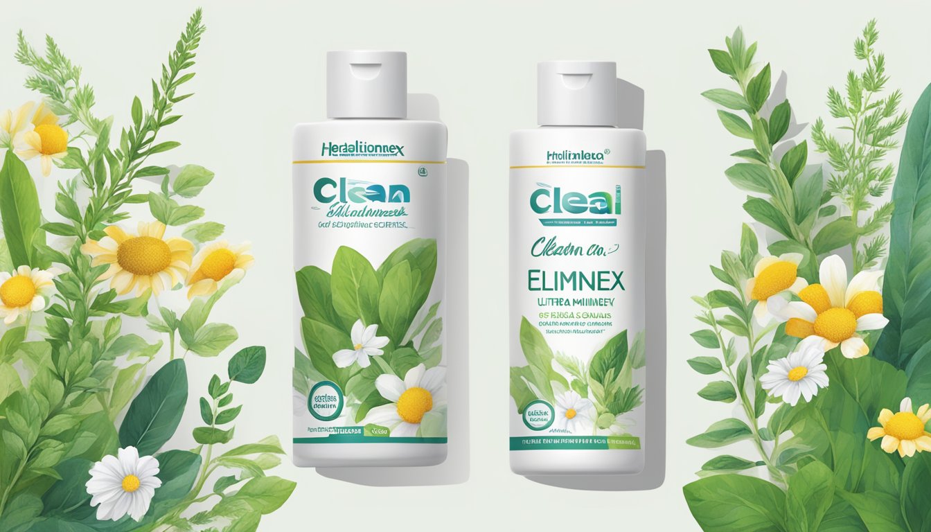 Two bottles of Herbal Clean Ultra Eliminex detox products surrounded by illustrated green leaves and flowers.