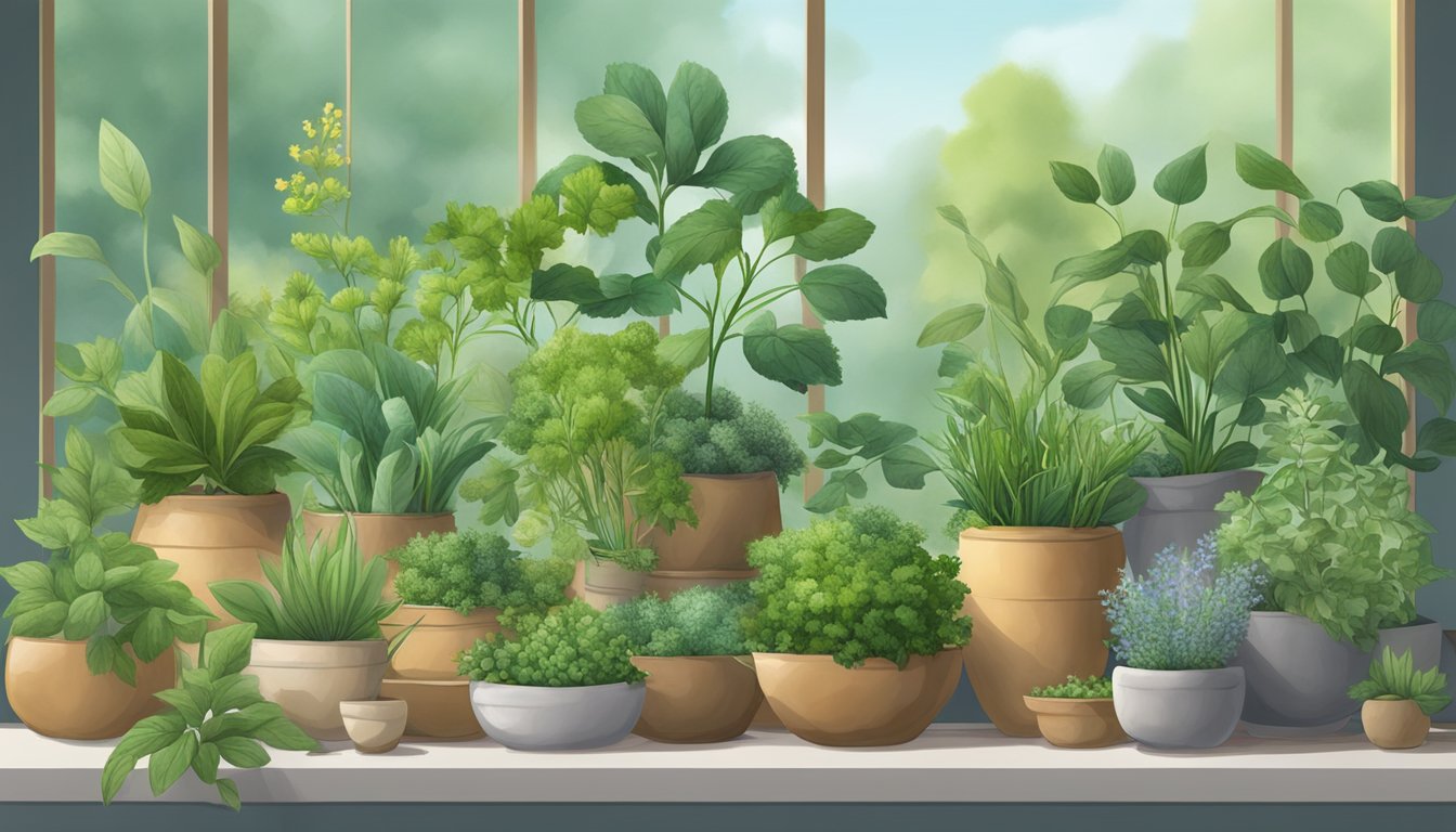 A variety of lush green herbs growing in pots on a windowsill, with sunlight filtering through the leaves.