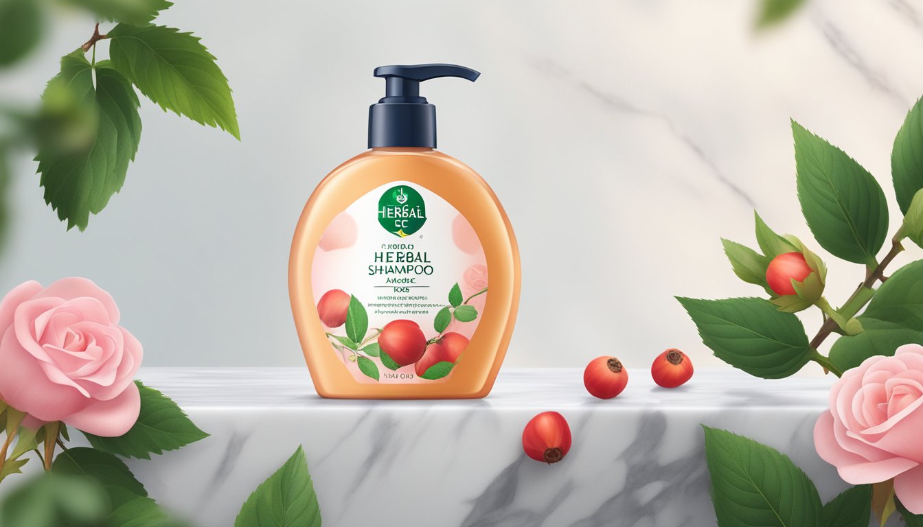 A bottle of Herbal Essences Rose Hips Shampoo surrounded by rose hips and flowers.