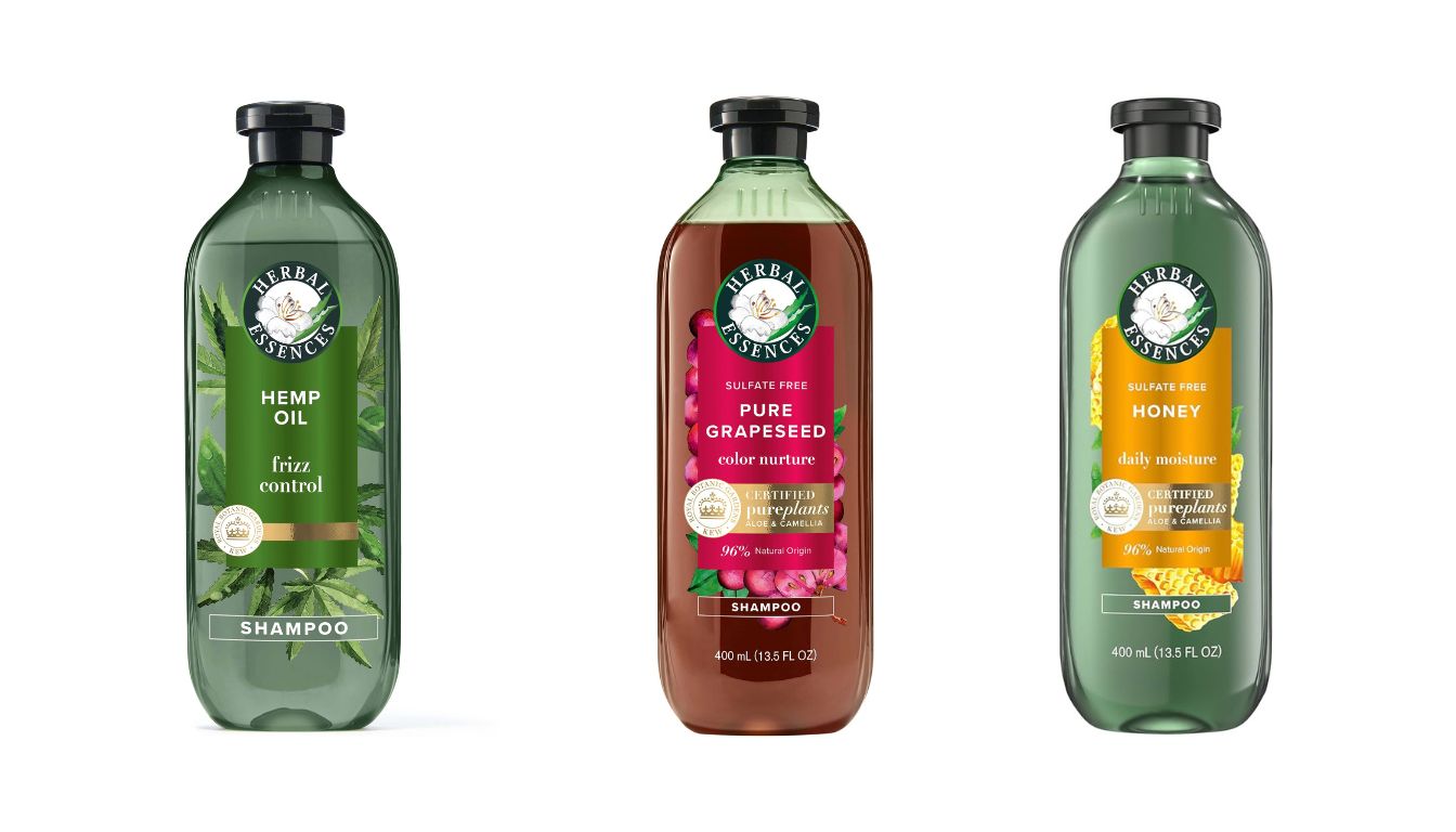 Three Herbal Essences sulfate-free shampoo bottles: Hemp Oil, Pure Grapeseed, and Honey, arranged side by side on a white background.