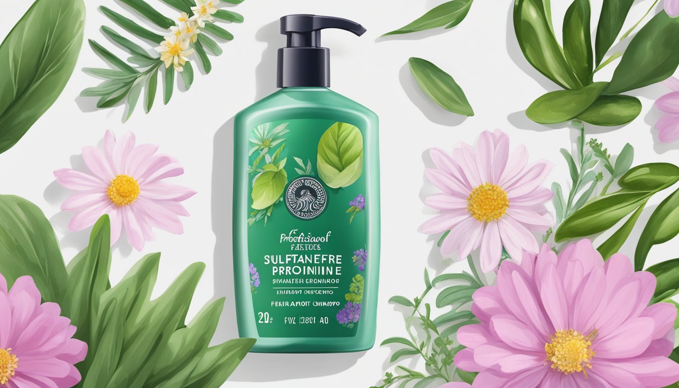 A bottle of Herbal Essence Sulfate Free Shampoo surrounded by illustrated flowers and leaves.