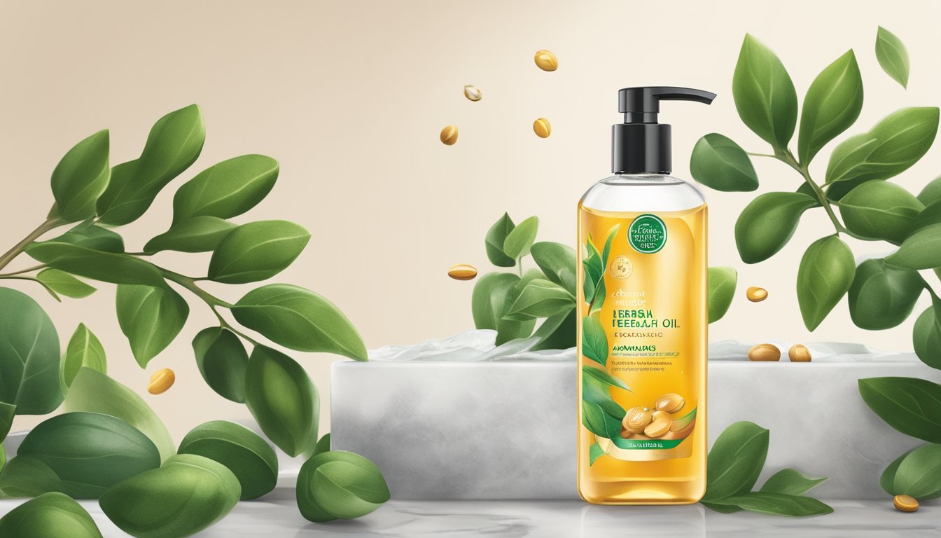 A bottle of Herbal Essences Argan Oil Shampoo surrounded by argan nuts and green leaves, placed on a marble surface.
