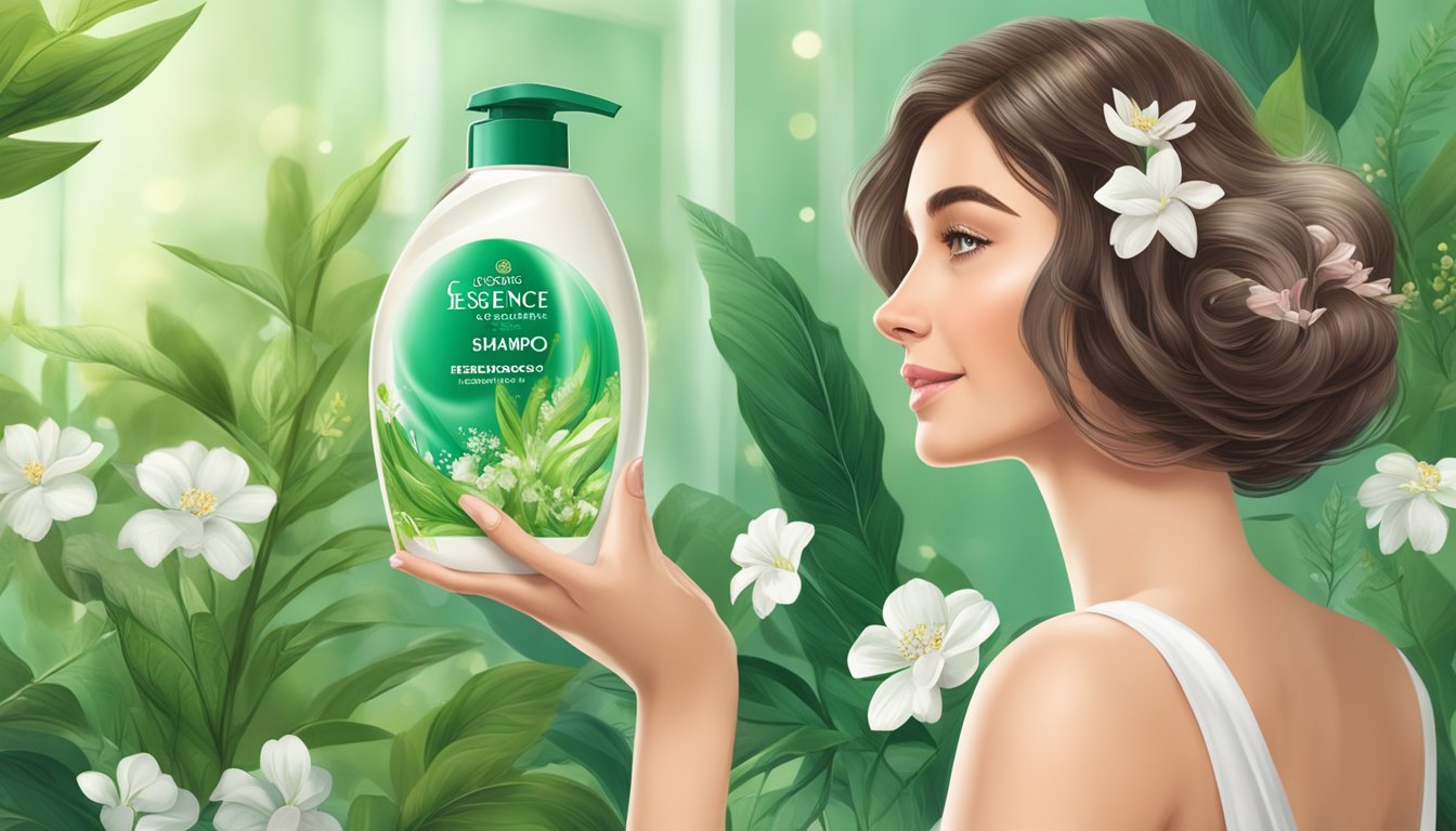 A person holding a bottle of Herbal Essences Bio Renew shampoo amidst a lush green background with white flowers.