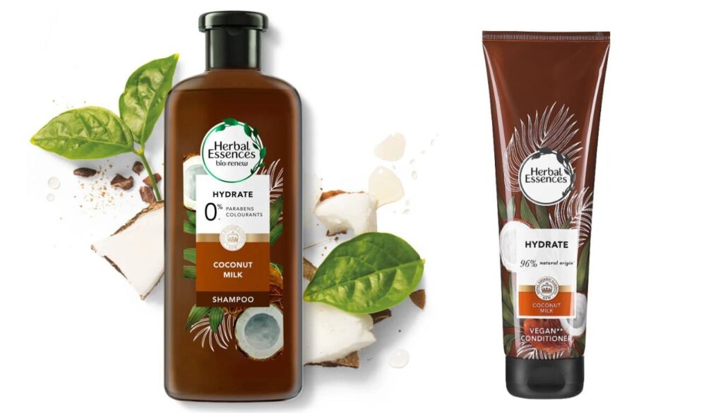 Two Herbal Essences hair care products Hydrate Coconut Milk Shampoo and Vegan Conditioner featuring coconut imagery and natural ingredient claims.