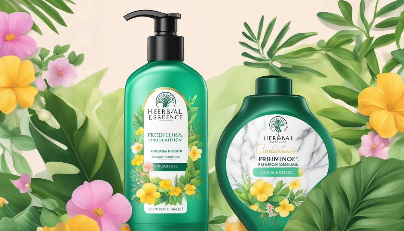 Two bottles of Herbal Essences conditioner surrounded by vibrant green leaves and colorful flowers.