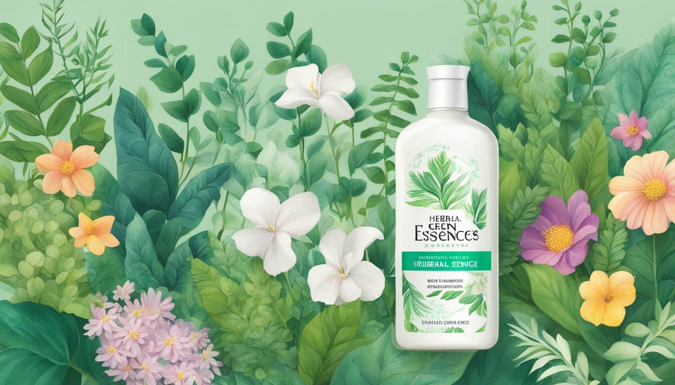 A bottle of Herbal Essences shampoo surrounded by illustrated lush greenery and vibrant flowers.