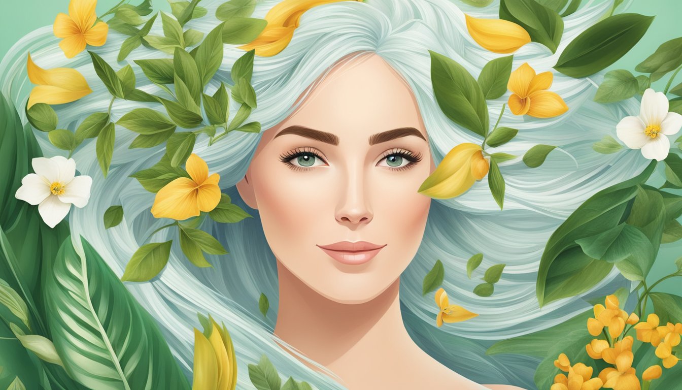 A serene illustration of a person surrounded by lush green leaves and vibrant flowers, symbolizing the natural essence of Herbal Essences shampoo.