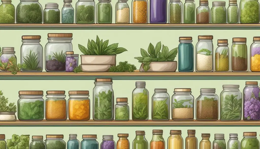 A variety of herbs and spices stored in glass jars on shelves.