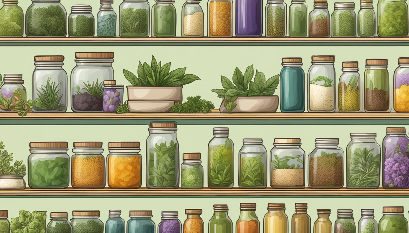A variety of herbs and spices stored in glass jars on shelves.