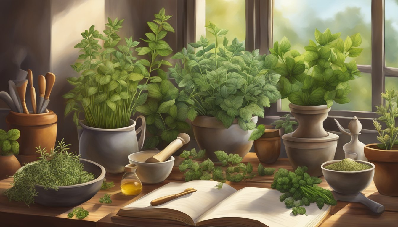 A variety of fresh herbs in pots, a bowl of dried herbs, and an open book on a wooden table near a sunny window.