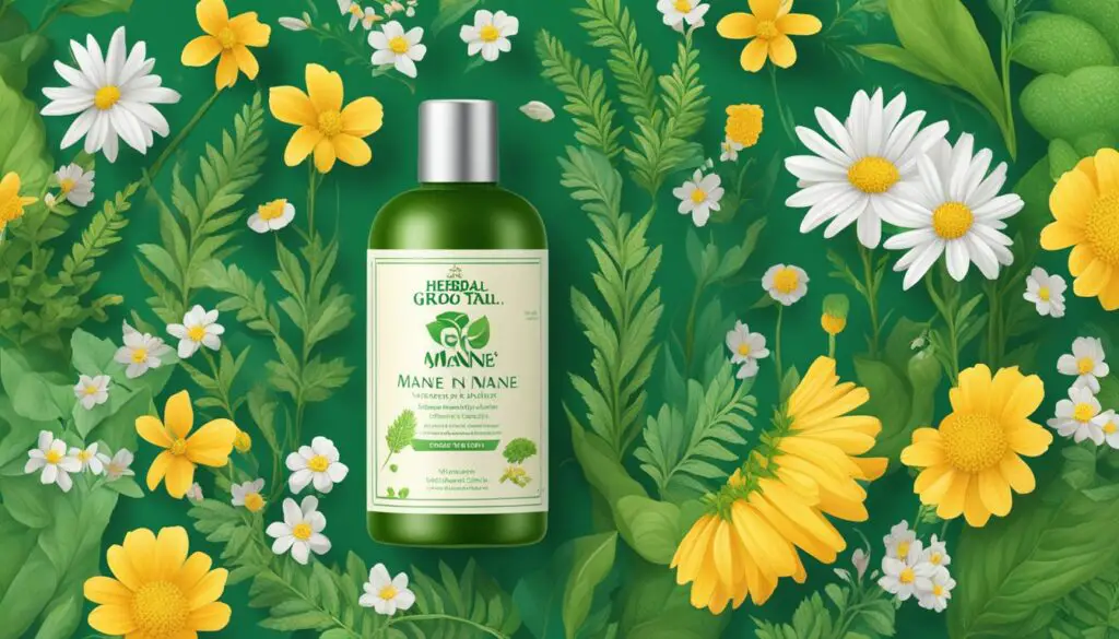 A bottle of Herbal Gro Mane N Tail conditioner surrounded by vibrant illustrations of various flowers and leaves.