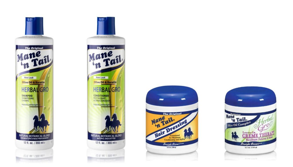 Four Mane ’n Tail Herbal Gro hair care products, including shampoo, conditioner, hair dress, and leave-in crème therapy, featuring natural herbal blends with olive oil and keratin.