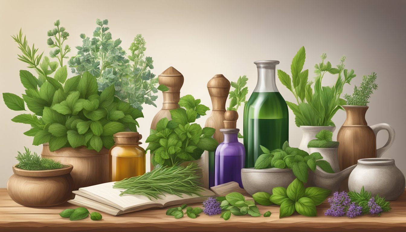 A variety of fresh herbs in pots, bottles of herbal extracts, and a book on a wooden surface.