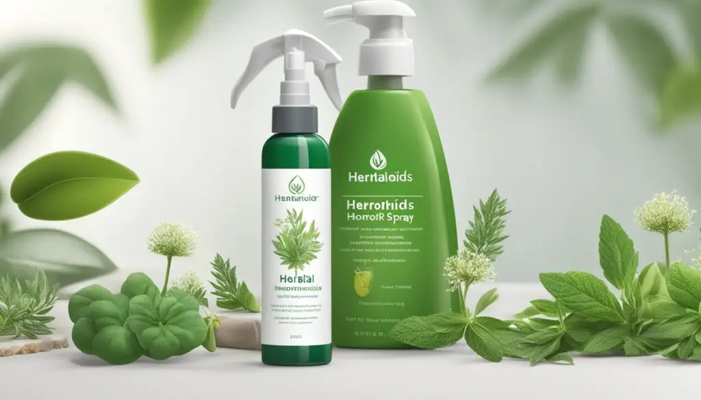 Two bottles of herbal hemorrhoids spray surrounded by fresh green herbs.