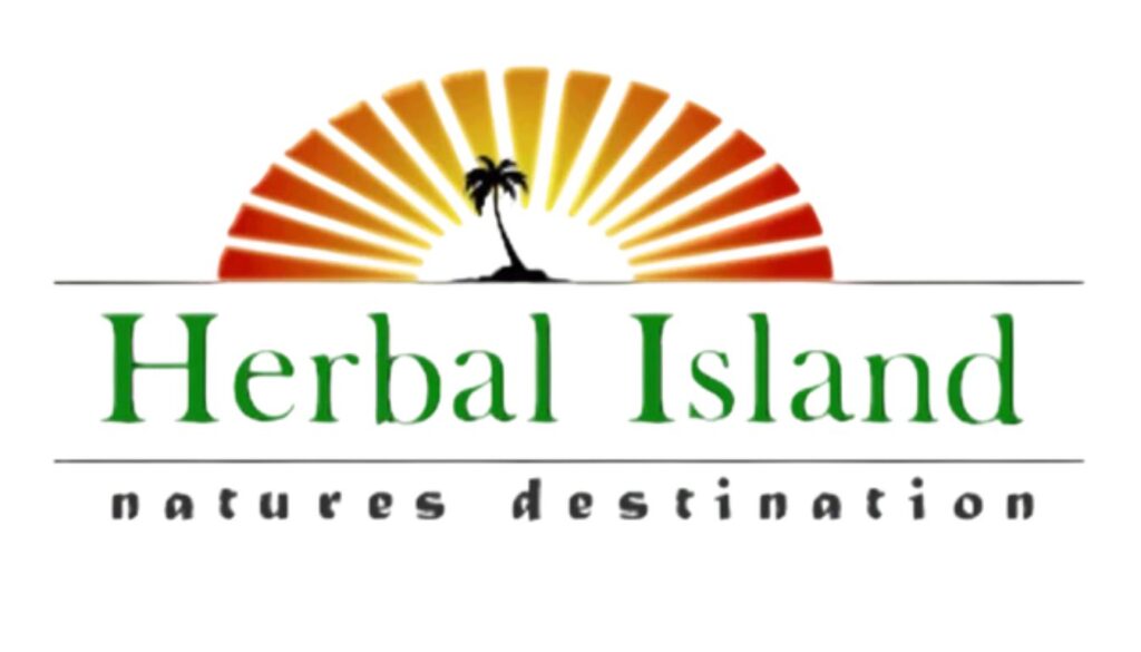 Logo of Herbal Island with a stylized sun and palm tree.
