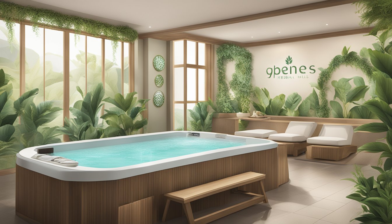 A serene and luxurious indoor spa setting at Herbal Nails, featuring a large jacuzzi, comfortable seating, and lush greenery