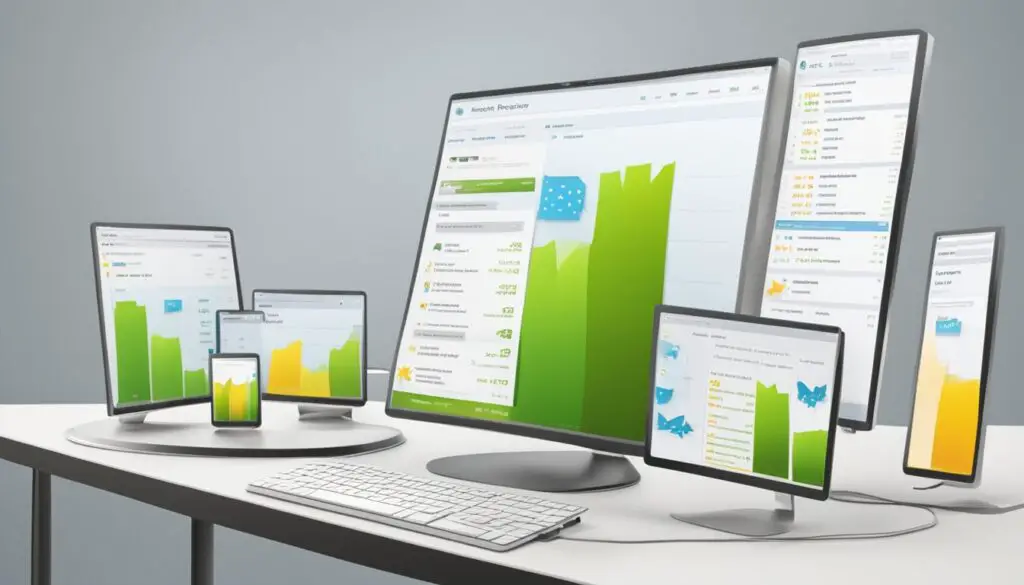 A collection of devices including computers, tablets, and smartphones displaying colorful bar graphs and data on their screens, arranged on a desk.