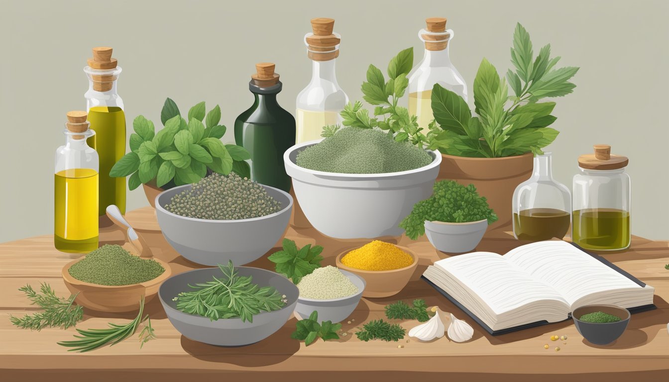 Illustration of various herbal oils and ingredients on a table.