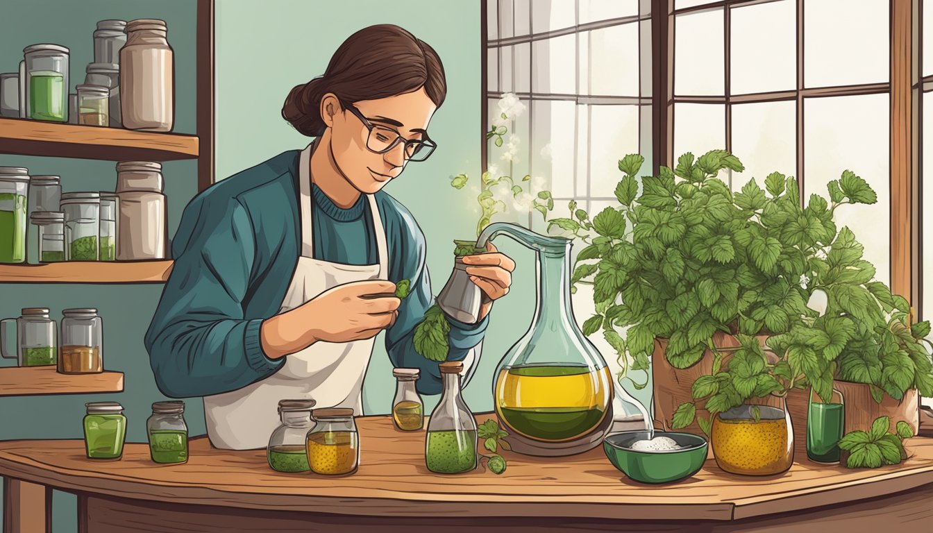 A person preparing herbal remedies in a kitchen, symbolizing herbal remedies for alcohol withdrawal.