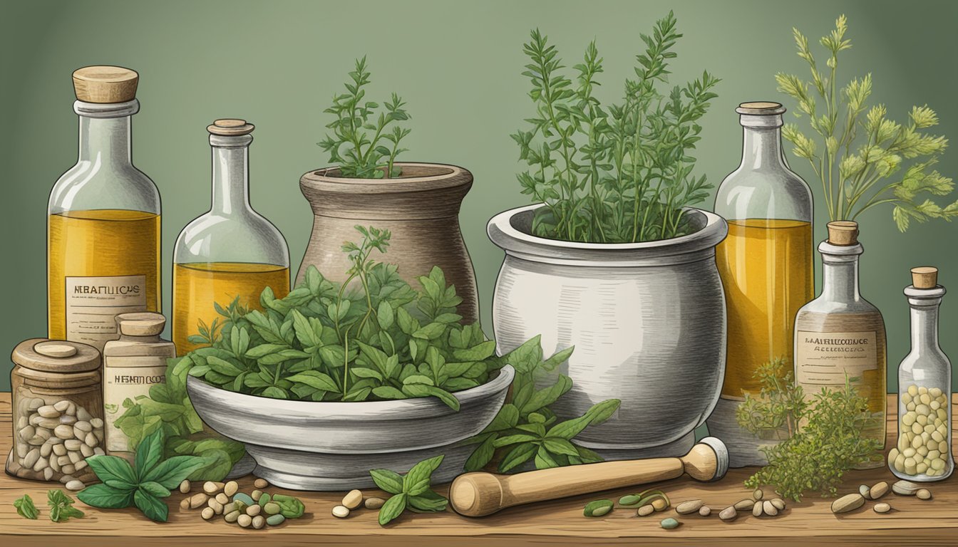 Illustration of various herbal remedies in bottles and jars.