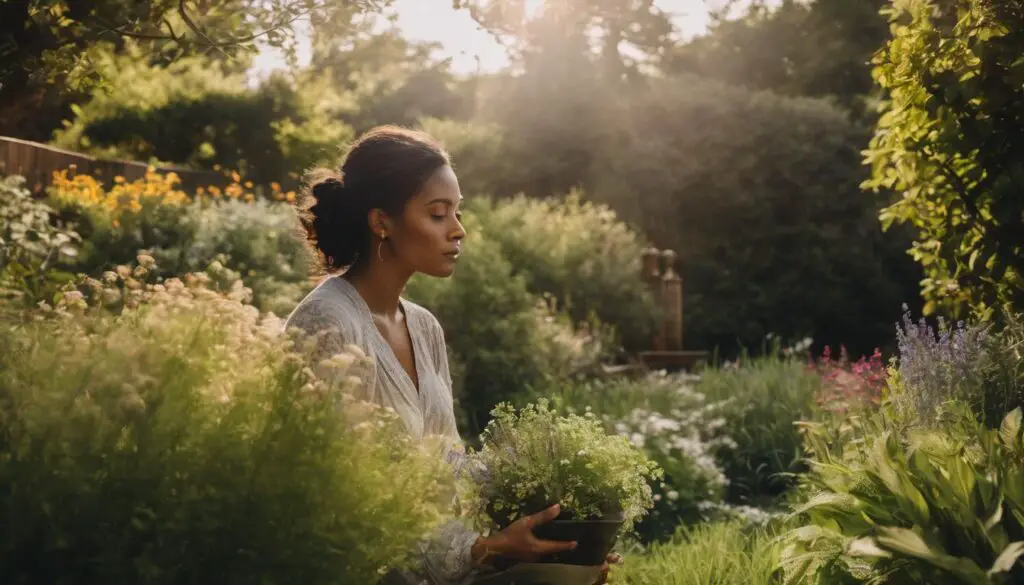 A person in a garden holding a pot of herbs, symbolizing herbal remedies for migraines.