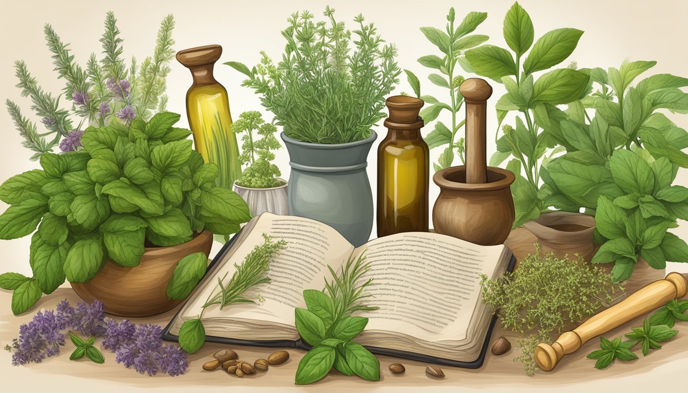Illustration of various herbs and an open book.