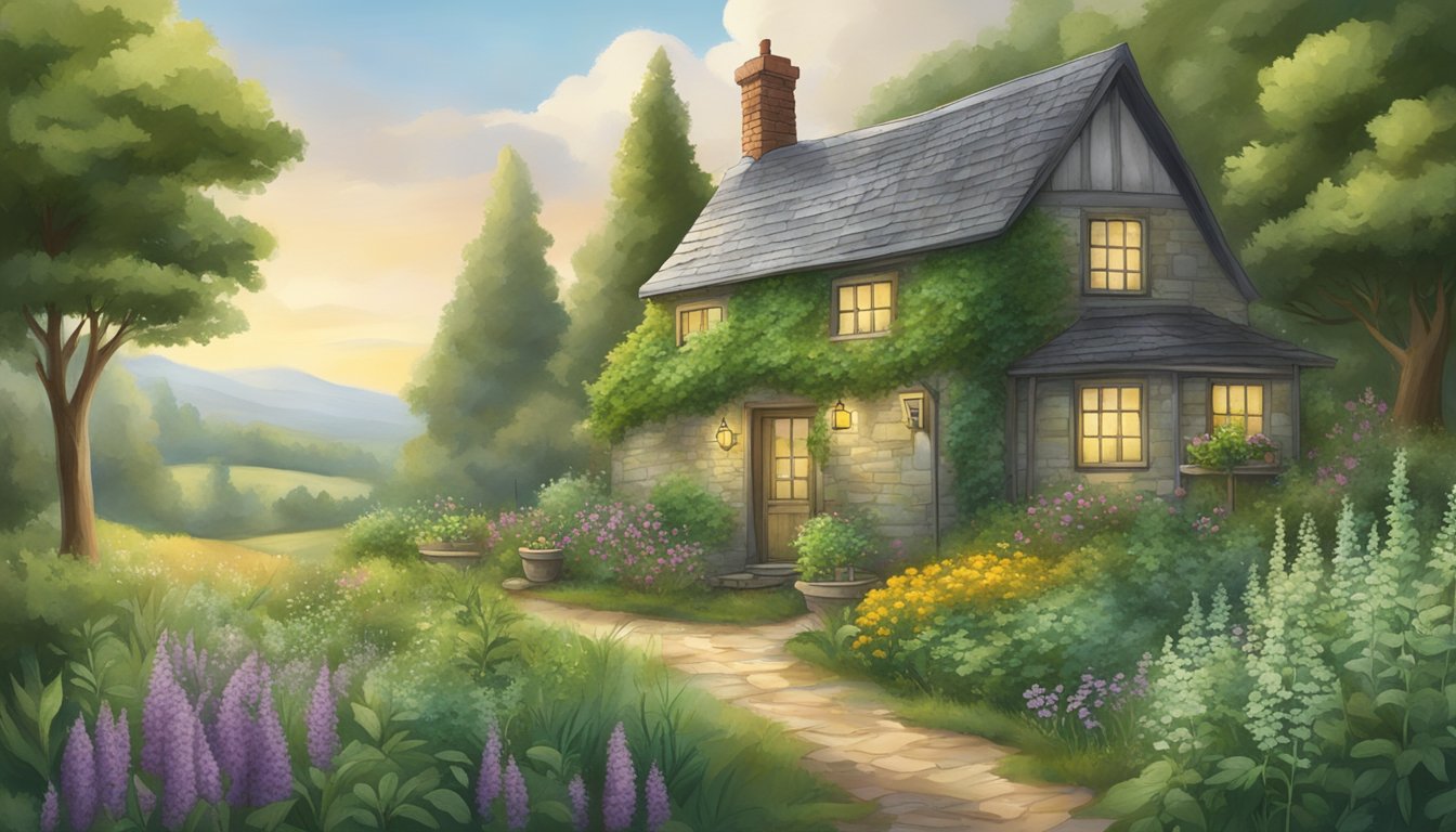 A serene illustration of a cozy stone cottage surrounded by lush greenery and blooming herbal plants, set against a backdrop of rolling hills at sunset.