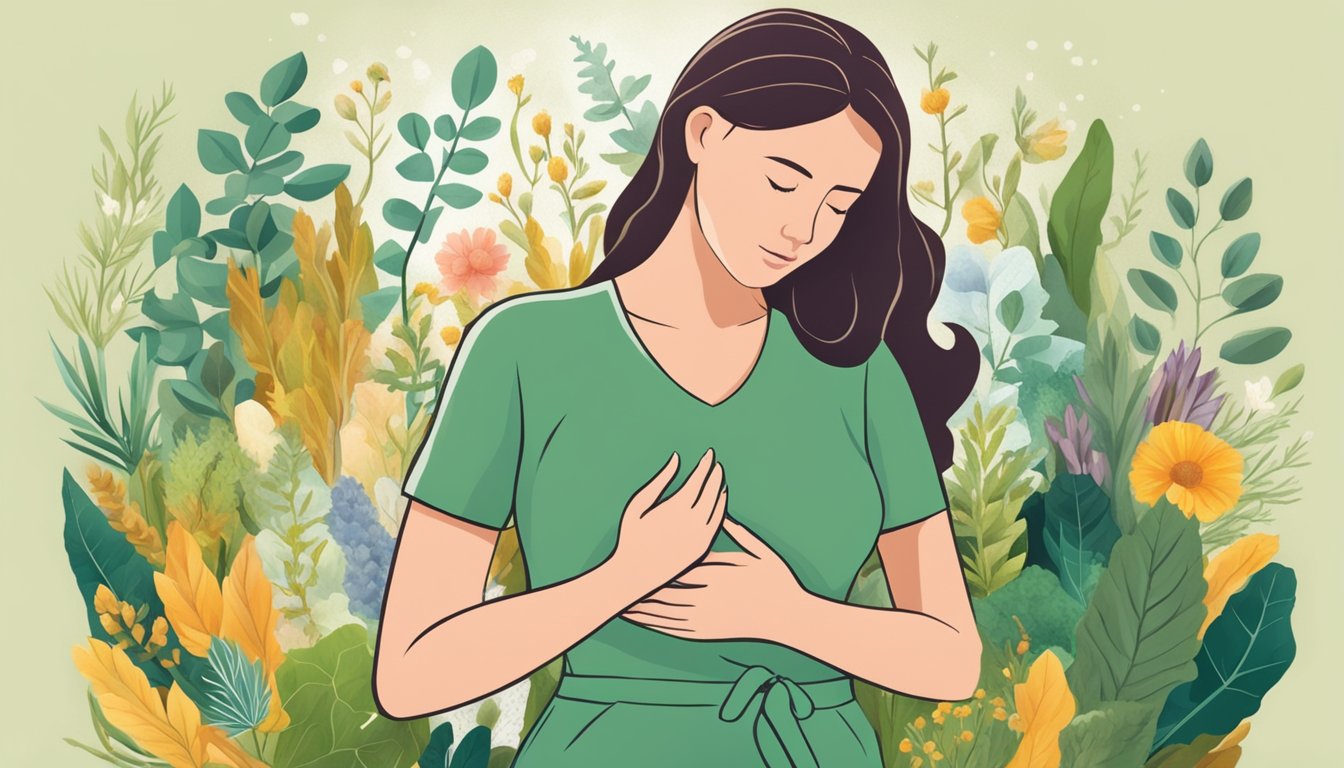 Illustration of a person experiencing acid reflux surrounded by herbal remedies.