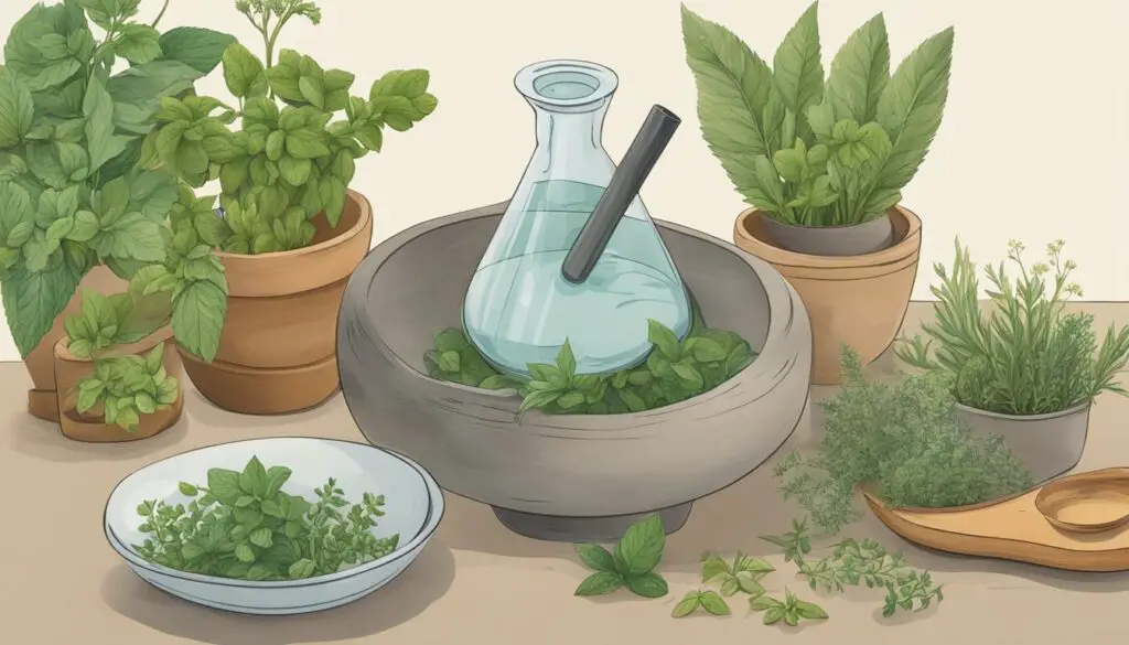 Illustration of various herbs and a mortar and pestle.