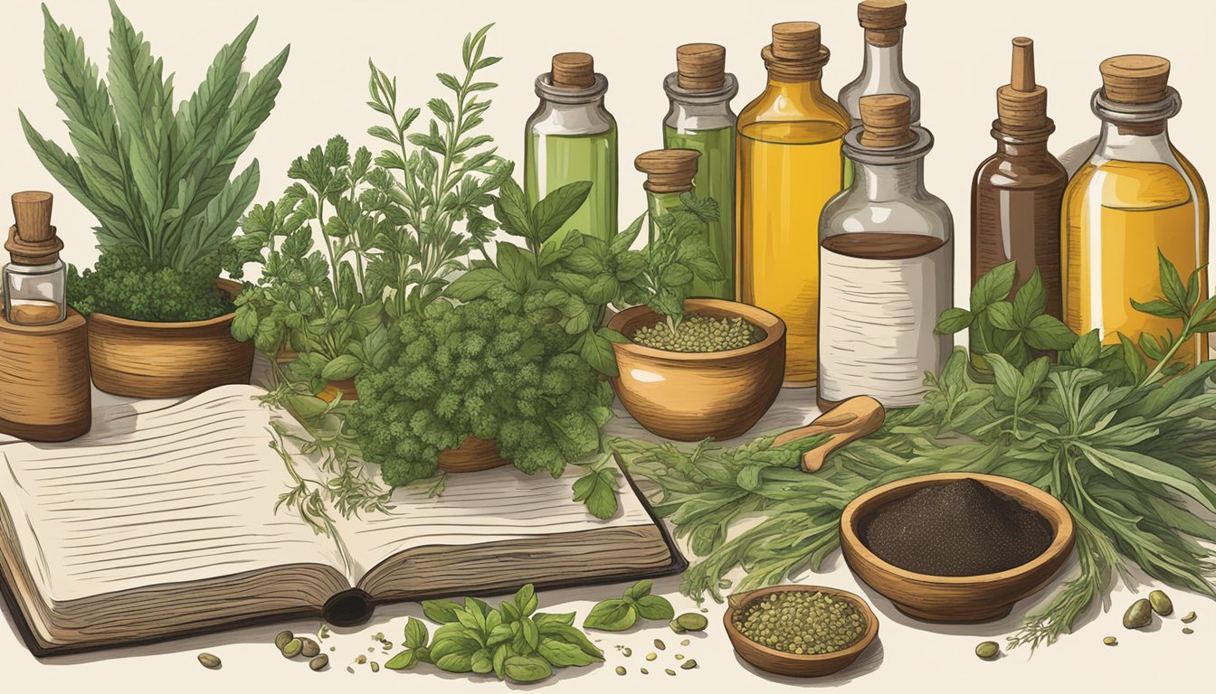 Illustration of various herbal remedies and plants for migraine relief.