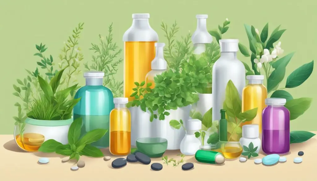 A variety of herbal plants and modern medicine bottles, depicting the contrast between natural and pharmaceutical remedies.