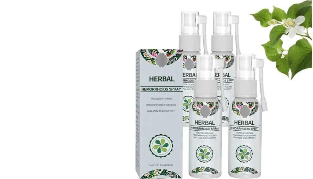 Six Herbal Hemorrhoids Spray products, including five white spray bottles and one branded box, displayed on a white surface with a green leafy plant in the corner.