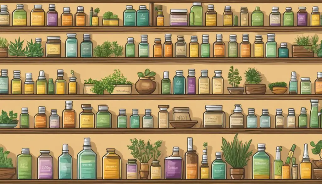 A variety of herbal products displayed on wooden shelves.