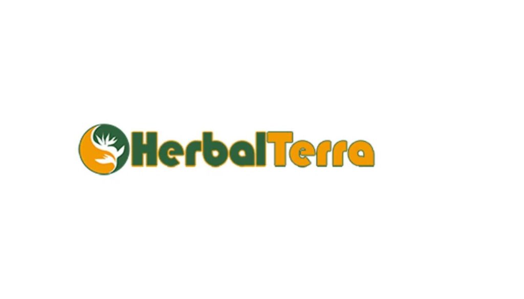 Herbal Terra logo featuring a green and yellow color scheme with a stylized leaf and hand icon.