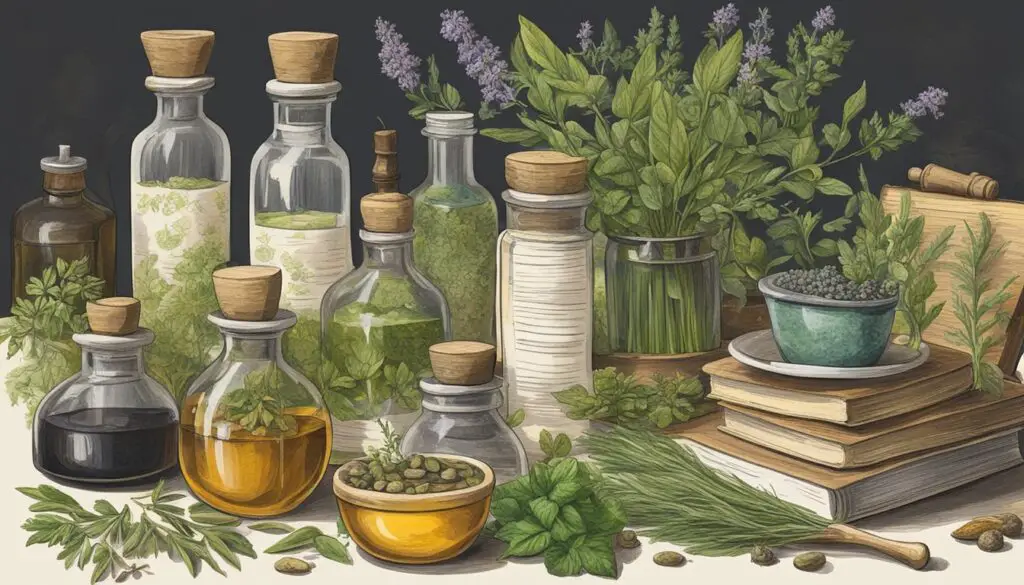 An illustration of various herbal remedies and plants for mono treatment.